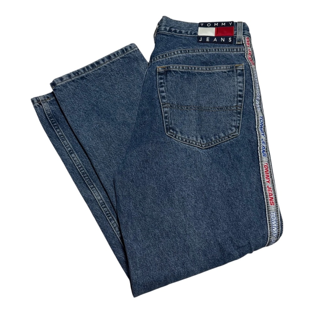 Vinatge 90s Tommy Jeans Spell Out Logo Flag Patch Jeans Mens 33x30 (Fit 32x29.5)